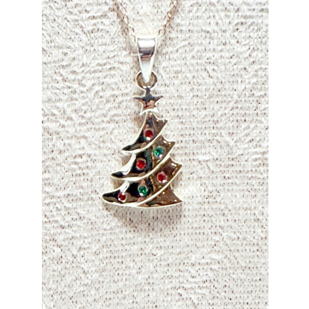 925 Sterling Silver Christmas Tree Necklace Red Green Glass Stones 18"